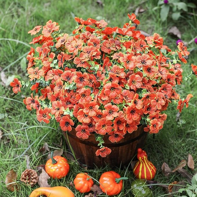 HyeFlora Artificial Flowers for Outdoor Indoor Garden Home Decoration, Faux Flower Daisy with Eucalyptus Leaves Fake Plants Greenery Boxwood Porch Patio, 12 Bundles Orange