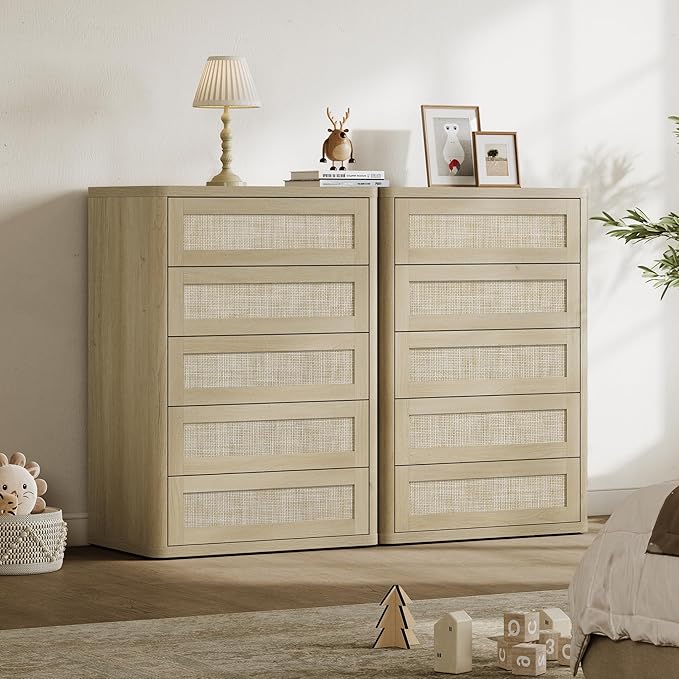 SICOTAS Tall Dresser for Bedroom - Rattan 5 Drawer Dressers Chest of Drawers with Push-to-Open Design, Boho Extra Deep Clothes Dresser with Large Storage for Closet, Living Room, Sand Oak
