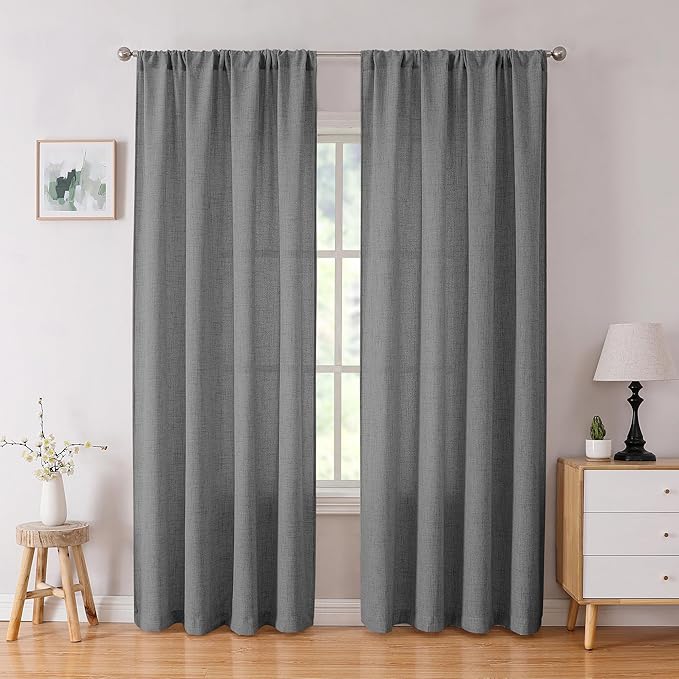 Tollpiz Linen Curtain Living Room Rod Pocket Semi Sheer Curtains Burlap Light Filtering Thick Linen Drape for Bedroom, 54 x 72 inches Long, Dark Grey, Set of 2 Panels