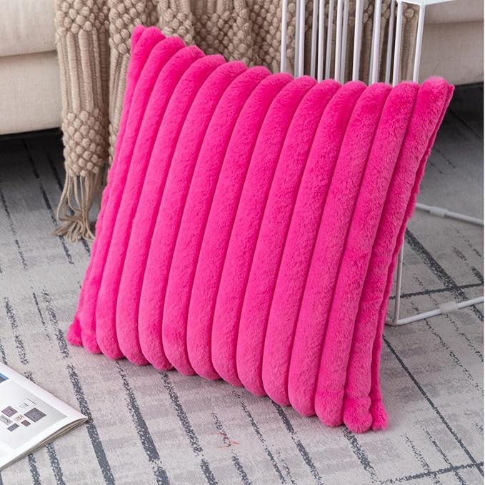 ZLINA Set of 2 Hot Pink Faux Fur Decorative Throw Pillow Covers Fluffy Striped Pillowcase Cushion Covers 16 x 16 Inch Decor Sofa Couch Bedroom