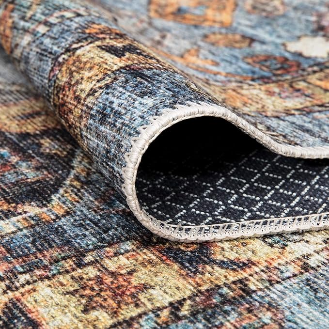 Bloom Rugs Washable Non-Slip 7 ft Runner - Blue/Orange Traditional Bordered Runner for Entryway, Hallway, Bathroom, and Kitchen - Exact Size: 2.5' x 7'