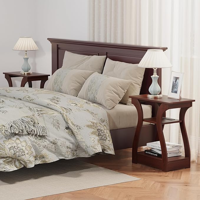 End Tables Living Room Set of 2,Cherry End Table with Charging Station,Side Table, Nightstand for Bedroom, 3 Tier End Table with Storage Shelf for Living Room(Cherry)