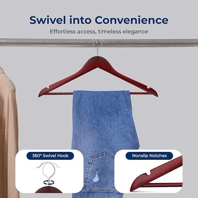 SereneLife 80 Pack Wooden Coat Hangers – Durable Suit Hangers with 360° Swivel Hook & Notches – Slim Design for Shirts, Jackets, Dresses, and More