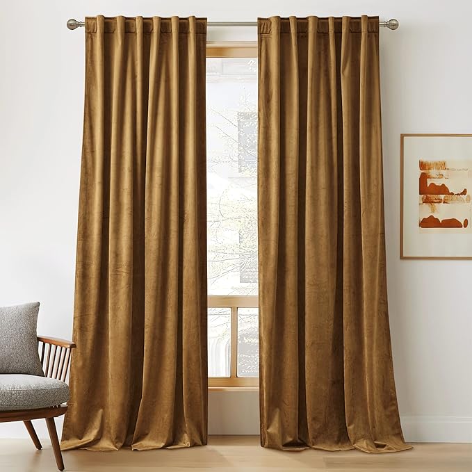 RYB HOME Gold Brown Velvet Curtains, Light Blocking, Energy Saving, Vintage Retro Decor, Privacy Vertical Fall Autumn Curtains for Bedroom Living Room Dining Room, W52 x L84 inches, 2 Panels