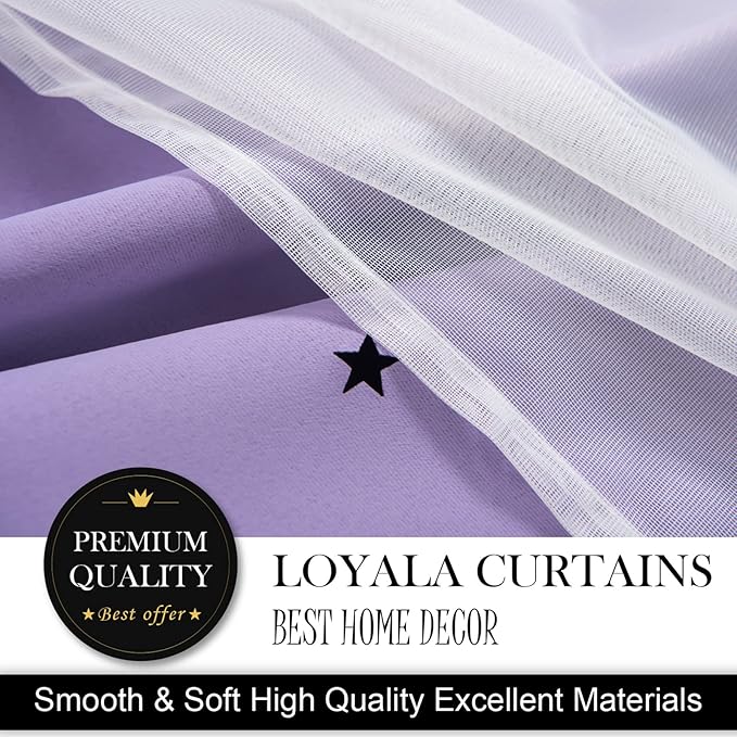 Star Double Layer Blackout Curtains for Bedroom, Kids - Cute, 84 Inches Long, 2 Panels Set, Purple, 42 X 84 Inches