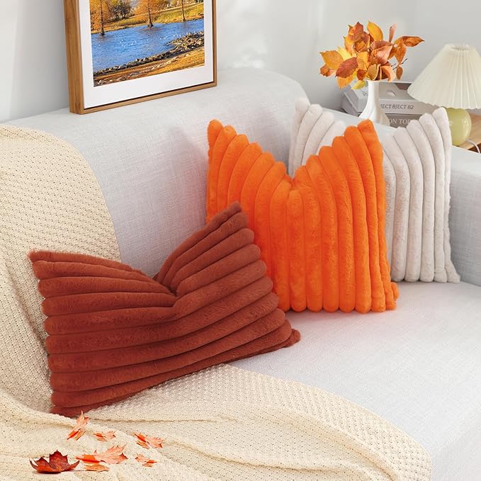 decorUhome Faux Fur Spring Throw Pillow Covers 20x20 Set of 2, Decorative Soft Plush Striped Neutral Couch Pillow Covers with Velvet Back for Sofa, Bed, Living Room Home, Orange