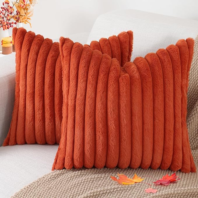 Pallene Faux Fur Plush Fall Throw Pillow Covers 16x16 Set of 2, Luxury Soft Fluffy Striped Decorative Pillow Covers for Sofa, Couch, Living Room, Rust