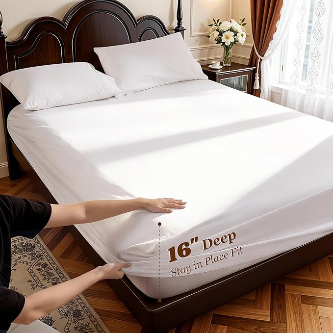 LBRO2M 1000 Thread Count 100% Cotton Sheets Set,Full Size Bed Sheet 4 Piece Sets,Long Staple,16 Inches Deep Pocket,All Season,Bedding Super Soft Comforterble Breathable,Sateen Weave(White)