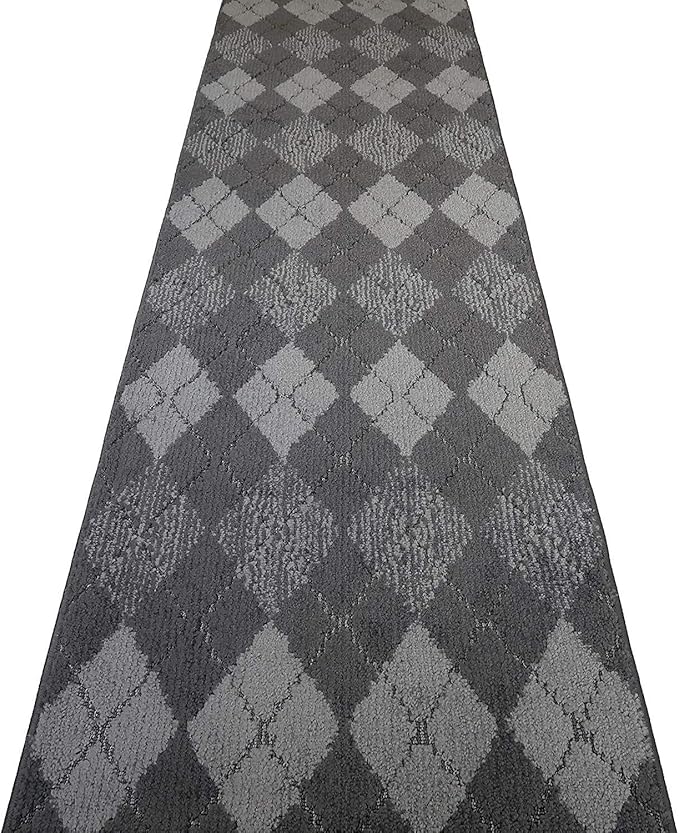 Custom Length Hallway Runner Rug,Slip Resistant,Squares Anthracite, 26 Inch X 28 feet, Sold and Priced Per Foot