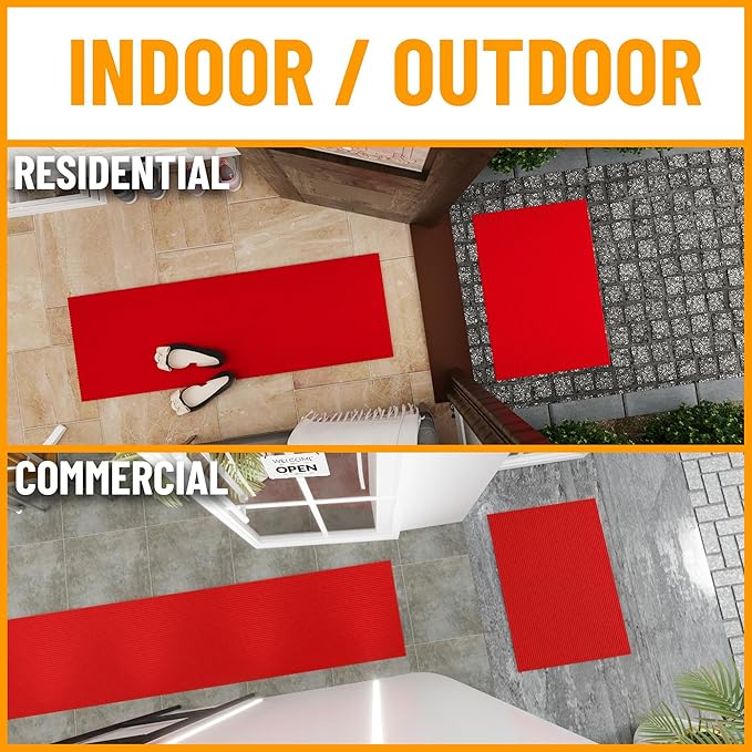 Ottomanson 2' x 38' Hallway Runner with Scraper Pile - Extra Durable Non-Slip Rug Mat for Indoor & Outdoor Use - Ideal for Kitchen, Entryway, Patio & Garage - High-Traffic Carpet, Red
