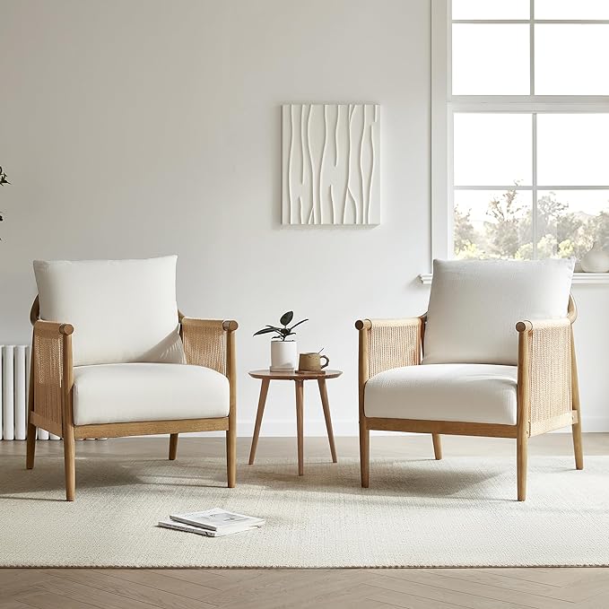 CHITA Braid Accent Chair, Modern Armchair with Solid Wooden Armrest for Living Room and Bedroom, Boho Reading Chair, Cream