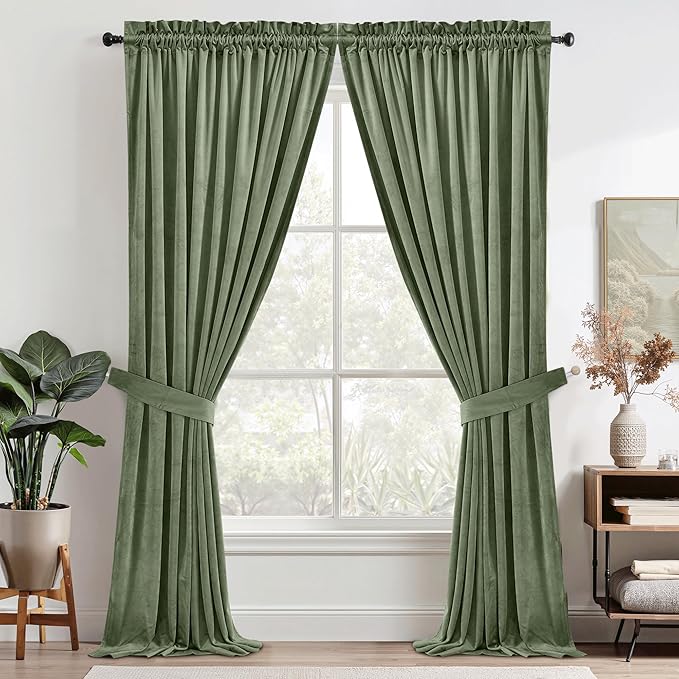 StangH Sage Green Velvet Curtains - Rod Pocket Room Darkening Curtain Panels Heritage Plush Heat Insulation Drapes for Nursery/Bedroom/Living Room, W52 x L84, 2 Panels