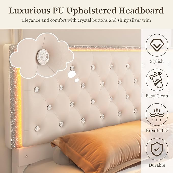 Full Led Bed Frame with 2 Drawers, Storage Platform Bed with Upholstered Crystal Button Tufted Headboard Footboard, 2 Side Pockets, No Box Spring Needed, PU White
