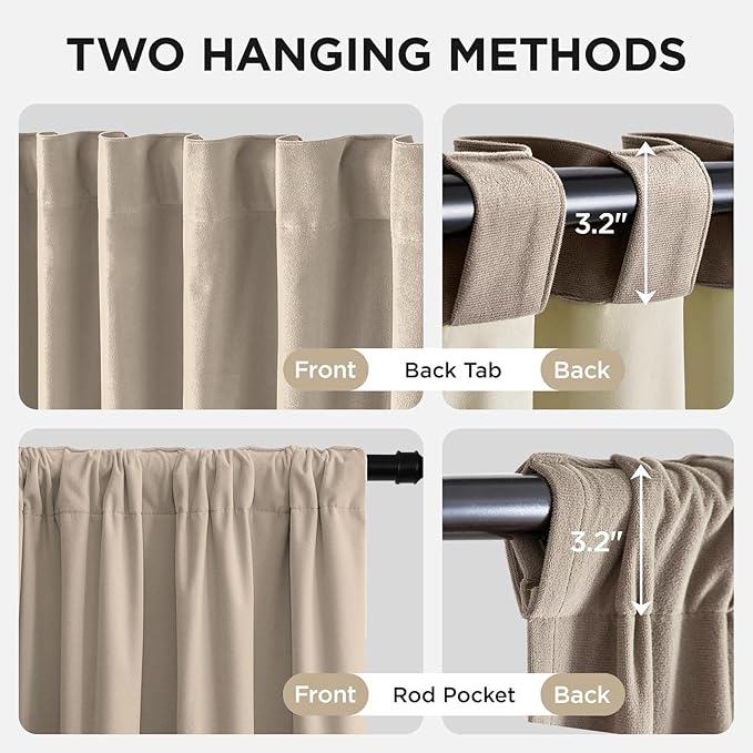 Joydeco Beige 100% Blackout Curtains 90 Inch 2 Panels, Luxury Thermal Beige Velvet Curtains for Bedroom Living Room, Soundproof Blackout Window Drapes, Rod Pocket & Back Tab (52W x 90L)