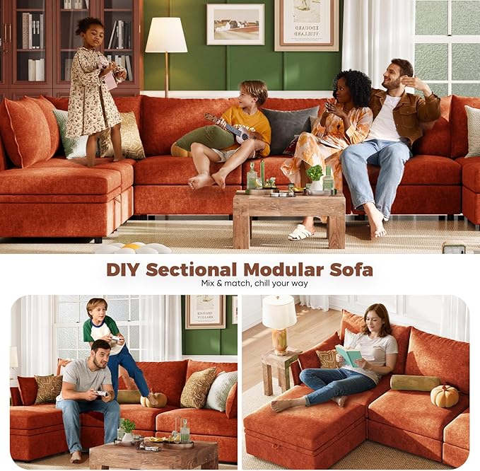 ABCASA Luxury Modular Sectional Sofa, L-Shaped 3-Seat Couch with Storage Ottoman Deep Seat & Reversible Chaise Lounge Chenille Terracotta Orange for Compact Spaces, Apartments, Dorm