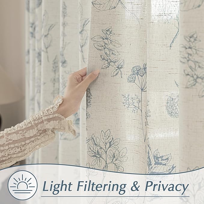 FMFUNCTEX Linen Curtains Floral Patterned Curtains for Bedroom Living Room, Blue Curtain 96 Inches Long Farmhouse, Light Filtering Beige Window Curtain Grommet Top 2 Panels Set