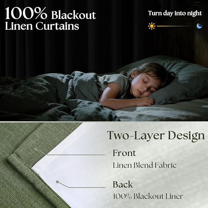 120 Inch Pinch Pleat Drapes Olive Green Room Darkening Curtains 120 Inches Long for Bedroom Rustic Cottagecore 100% Blackout Thick Linen Double Layer Pleated Curtain 2 Panels Set Loden Green Decor