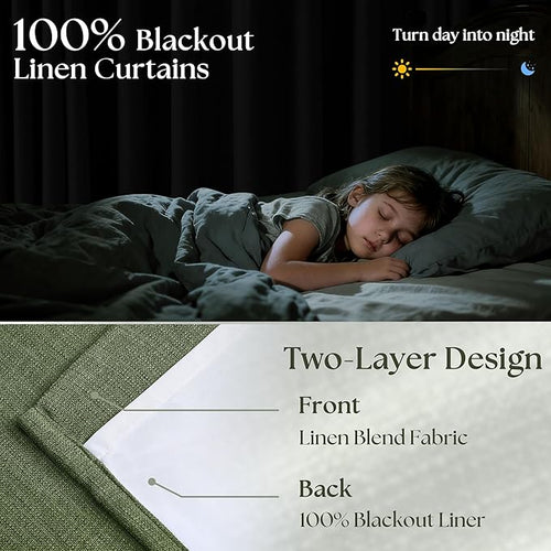120 Inch Pinch Pleat Drapes Olive Green Room Darkening Curtains 120 Inches Long for Bedroom Rustic Cottagecore 100% Blackout Thick Linen Double Layer Pleated Curtain 2 Panels Set Loden Green Decor