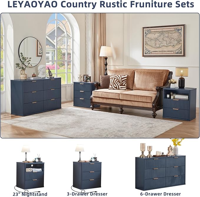 LEYAOYAO Fluted 5 Drawers Dresser Set of 2, 41" Tall Modern Chest of Drawers with Metal Handle, Curved Profile Dresser TV Stand, Wooden Drawer Organizer for Bedroom, Living Room, Hallway, Lightgrey