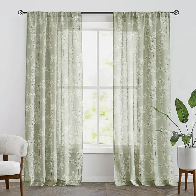 FMFUNCTEX Linen Sheer Curtains for Bedroom, Sage Green Blossom Print Curtains 96 Inches Long for Living Room,Floral Patterned Farmhouse Curtain Light Filtering Window Drapes 2 Panels, Rod Pocket
