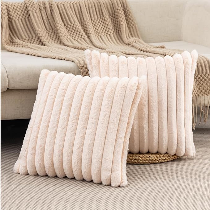 ZLINA Set of 2 Beige Faux Fur Decorative Throw Pillow Covers Fluffy Striped Pillowcase Cushion Covers 16 x 16 Inch Decor Sofa Couch Bedroom