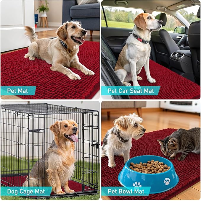 OLANLY Dog Door Mat for Muddy Paws 59x24, Absorbs Moisture and Dirt, Absorbent Non-Slip Washable Doormat, Quick Dry Chenille Mud Mat for Dogs, Entry Indoor Entryway Carpet for Inside Floor, Red
