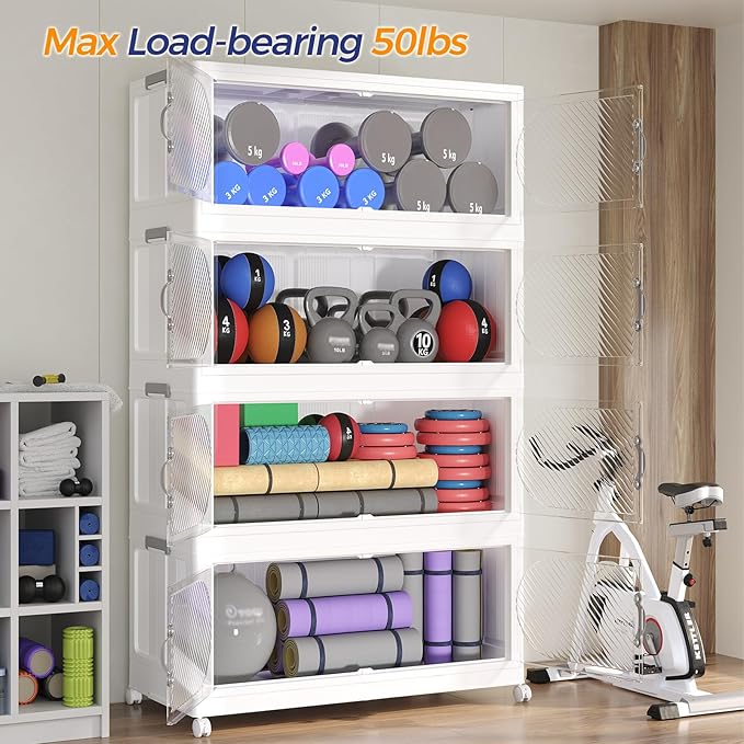 720QT Plastic Stackable Storage Bins with Lid, 180GAL Extra Large Collapsible Box with Wheels Clear Door, Foldable Closet Organizer Container Cabinet Drawer for Home Kitchen，6Pack, White