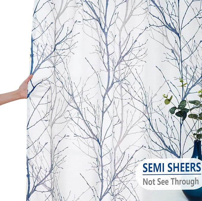 FMFUNCTEX Blue White Curtains 50" X 45" for Kitchen Living Room Tree Branch Print Wrinkle- Free Small Linen Texture Semi Sheer Window Panels for Bedroom 2 Panels, Grommet Top