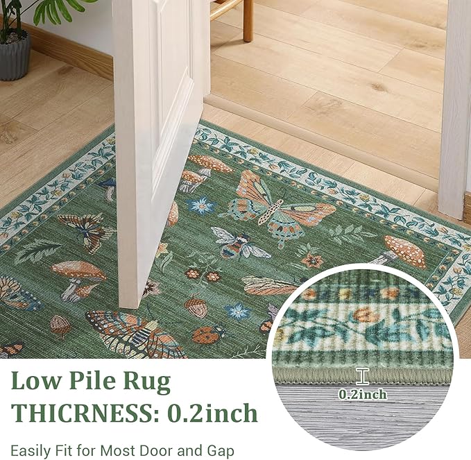 Washable Rug 9x12 Area Rugs for Living Room, Mushroom Insect for Bedroom, 9x12 Rug Non Slip Carpet with Rubber Back, Low Pile Stain Resistant Modern Carpet for Dining Room Dorm, Green