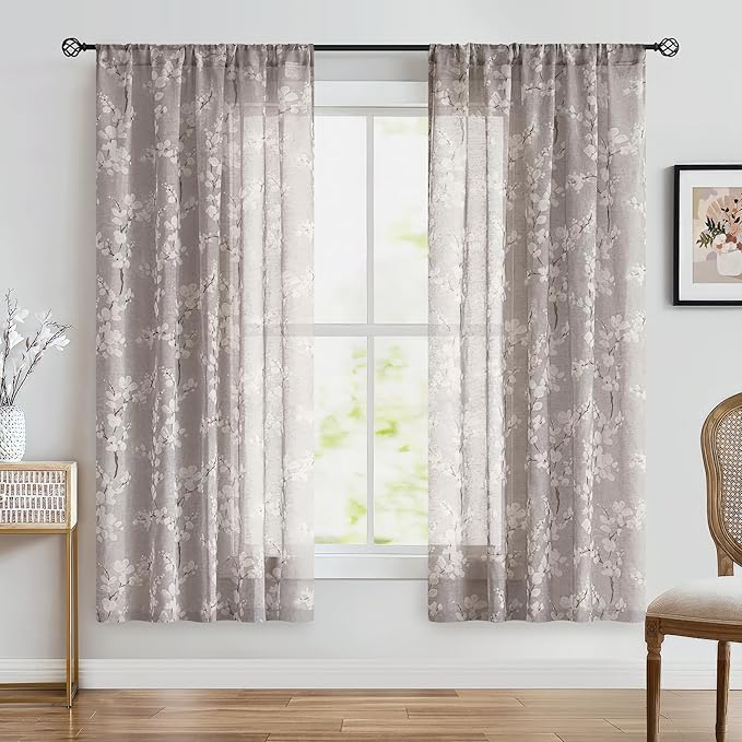 Fmfunctex Linen Sheer Curtains for Bedroom, Tan White Blossom Print Curtains 63 Inch Length for Living Room, Taupe Floral Patterned Farmhouse Curtain Light Filtering Window Drapes 2 Panels, Rod Pocket