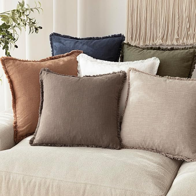 Foindtower Set of 2 Decorative Linen Fringe Throw Pillow Covers Farmhouse Cushion Cover with Tassels Soft Accent Pillowcase for Couch Chair Sofa Bed Living Room Home Decor,20×20 Inch,Natural Linen