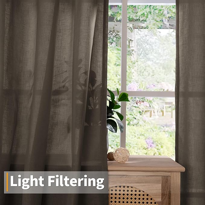 YoungsTex Brown Linen Semi Sheer Curtains 80 Inches Long for Living Room, Chocolate Light Filtering Drapes with Grommet Privacy Decorative for Bedroom, 2 Panels, 52 X 80 Inch