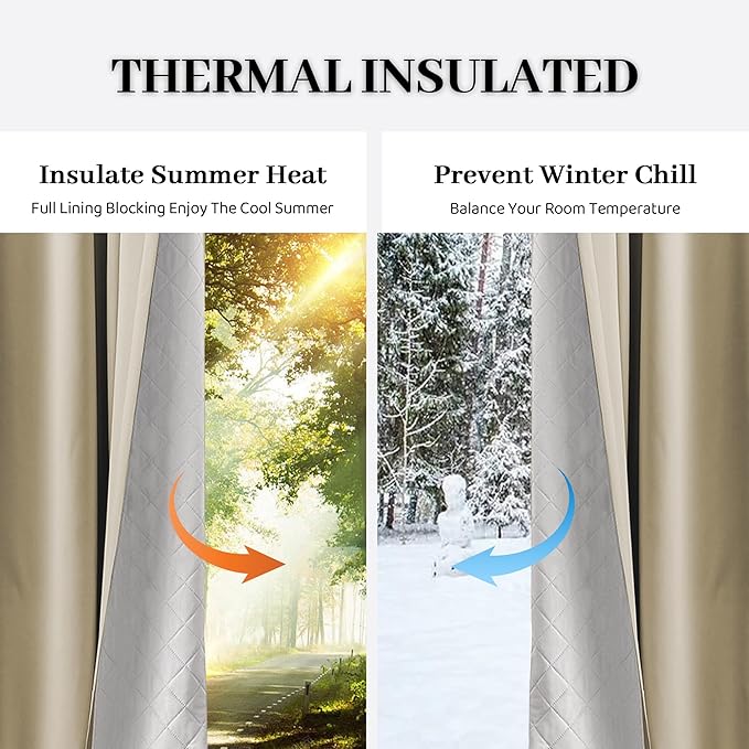 100% Blackout Thermal Insulated Curtains, 3 Layers Noise Absorbing, Soundproof Back Tab Drapes for Sliding Glass Door Baby Nursery Bedroom with Hooks, Beige 50x84 Inch Set of 1