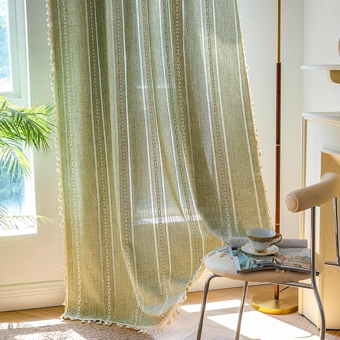Sutuo Home Green Boho Curtains 102 inches Long for Bedroom Living Room Nursery Room, Semi Blackout Linen Farmhouse Tassels Window Treatment Bohemian Embroidery Drape, Rod Pocket 1 Panel 52" W x 102" L