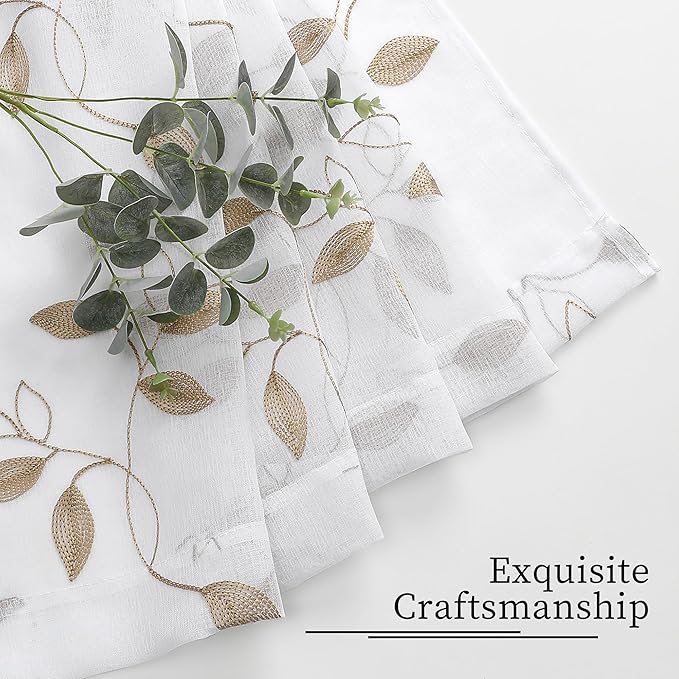 Tollpiz Taupe Leaf Sheer Curtains Leaves Embroidered Bedroom Short Curtain Rod Pocket Voile Window Treatment for Living Room, 38 x 54 inches Long, Set of 2 Panels