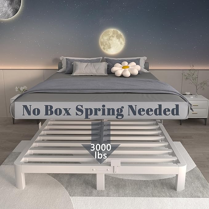 ITIMIDI 10 Inch White Bed Frame Queen, Queen Size Metal Platform Bed Frames with Metal Gaskets, Heavy Duty Steel Support 3000 LBS, No Box Spring Needed, Anti-Slip Mattress Stopper, Easy Assembly