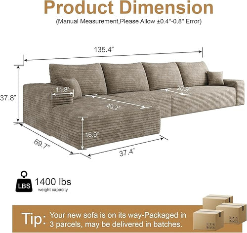 136" Sectional Couches for Living Room Modern Modular Sofa with L-Shape Couchs Upholstered Boneless Couch Deep Seat Sectional Couch with Chaise (Camel, Left Facing Chaise+3Seaters)
