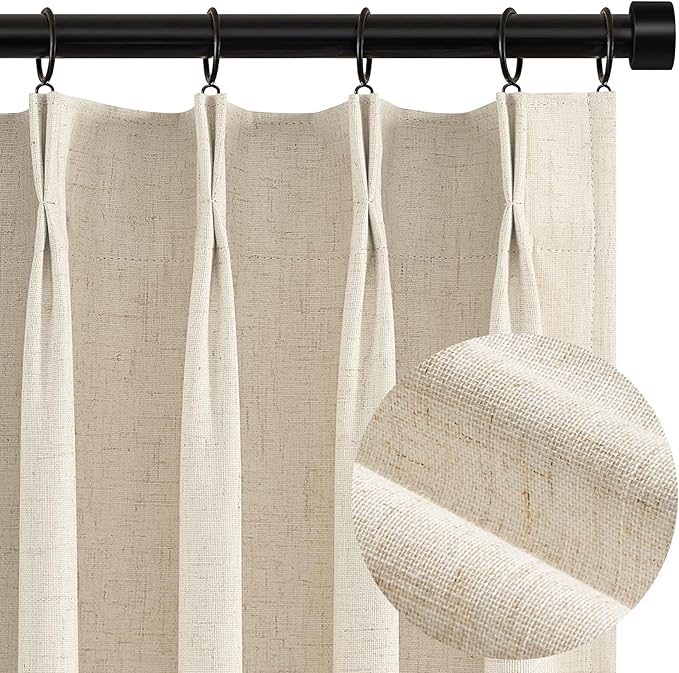 Topfinel 105 Inches Long Custom Black Out Thick Linen Drapery Panels, Ivory Cream Pinch Pleated Heat Reflective Cottage Curtains with Pin Hooks, Luxury Lined Back Tab Drapes 2 Panels for Living Room