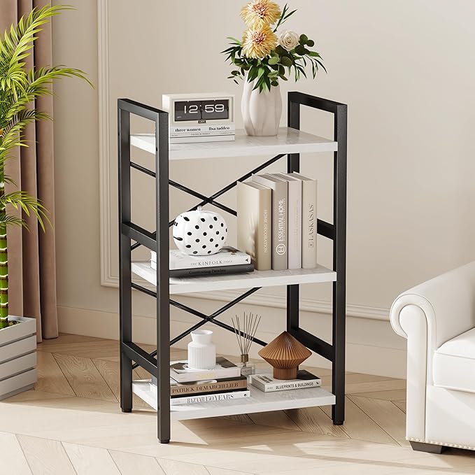 Homeiju Bookshelf, 3 Tier Industrial Bookcase, Metal Small Bookcase, Rustic Etagere Book Shelf Storage Organizer for Living Room, Bedroom, and Home Office(White) Patent Pending D29873033