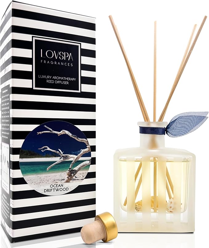 LOVSPA Reed Diffuser Set, Ocean Driftwood Scented Oil Diffuser with Sticks, Home Fragrance Accessories for Bathroom Shelf Decor, Aroma Diffusers for Home or Office Desk, USA Made