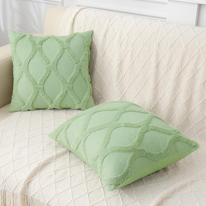 decorUhome Spring Throw Pillow Covers 20x20 Inch Set of 2, Soft Plush Faux Fur Wool Sage Green Couch Pillow Covers, Decorative Neutral Pillow Cases for Bed Sofa Living Room Home Decor