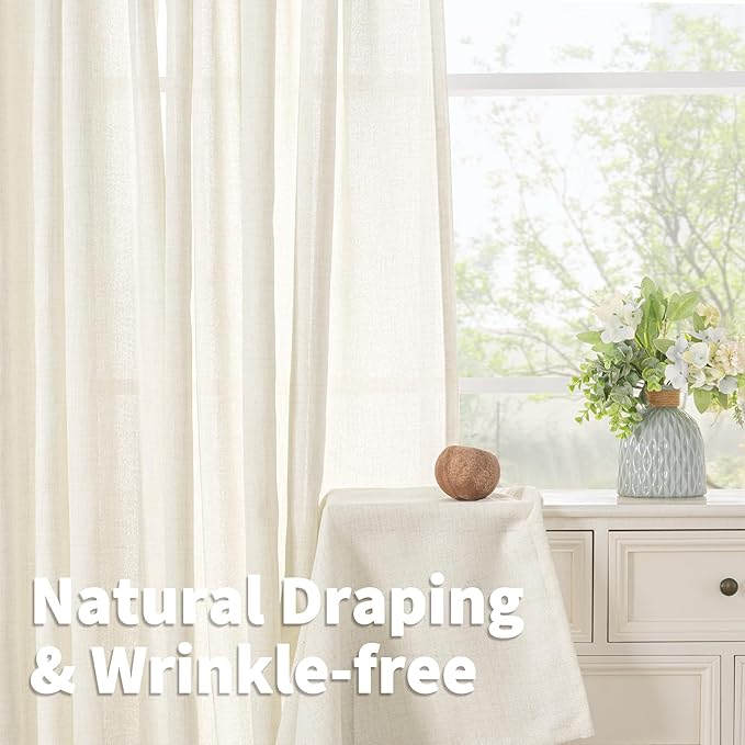 YoungsTex 95 Inch Length Ivory Linen Curtains Living Room, Semi Sheer Drapes Light Filtering with Bronze Grommet Privacy for Bedroom Farmhouse Window Decorative, 52 x 95 Inch, 2 Panels