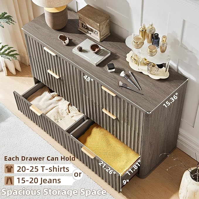 LEYAOYAO 48" Wide Fluted Dresser and 2 Drawers 23" Nightstand Set of 2, Wooden Dresser & Night Stand with Charging Station, 3 Piece Bedroom Furniture Set, Chest of Drawer for Living Room,Grey