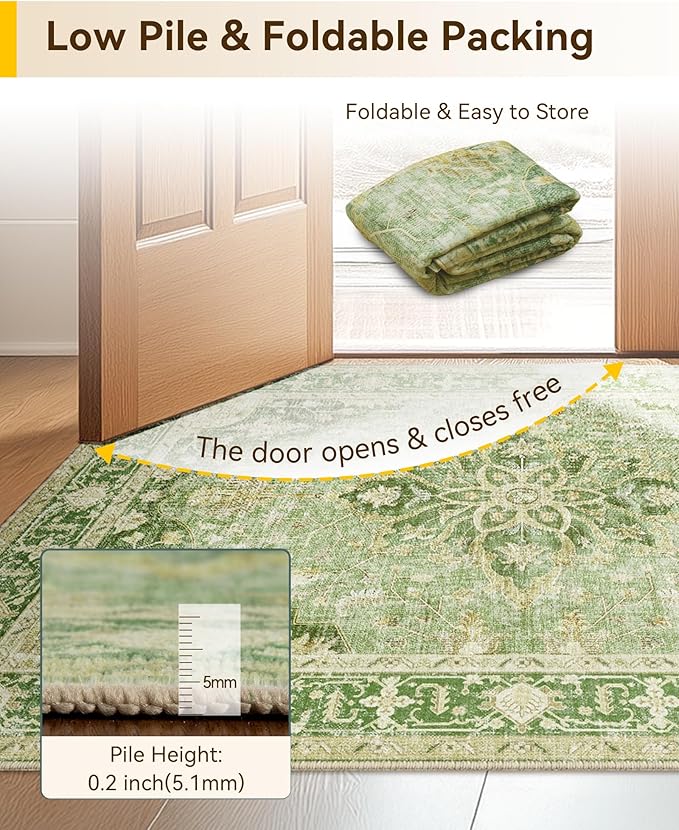 Area Rugs 2'x5' Washable Non-Slip, Floral Vintage Distress Print Pattern Medallion Carpet for Living Room Bedroom Dining Room, Sage Green Yellow