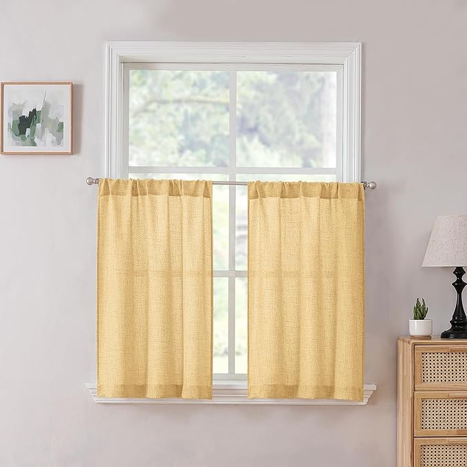 Tollpiz Linen Tier Curtain Rod Pocket Semi Sheer Half Kitchen Curtains Burlap Light Filtering Thick Linen Drape for Bathroom, 30 x 36 inches Long, Beige, Set of 2 Panels