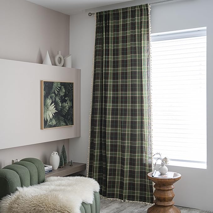 Sutuo Home Boho Curtains for Living Room Bedroom, Vintage Gingham Curtains Christmas Light Filtering Country Bohemian Tassels Vintage Chic Grid for Xmas Decor 1 Panel 52" W x 96" L, Dark Green Plaids