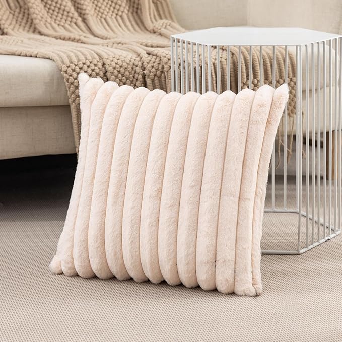 ZLINA Set of 2 Beige Faux Fur Decorative Throw Pillow Covers Fluffy Striped Pillowcase Cushion Covers 22 x22 Inch Decor Sofa Couch Bedroom