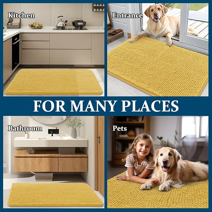 OLANLY Dog Door Mat for Muddy Paws 47x32, Absorbs Moisture and Dirt, Absorbent Non-Slip Washable Doormat, Quick Dry Chenille Mud Mat for Dogs, Entry Indoor Entryway Carpet for Inside Floor, Yellow