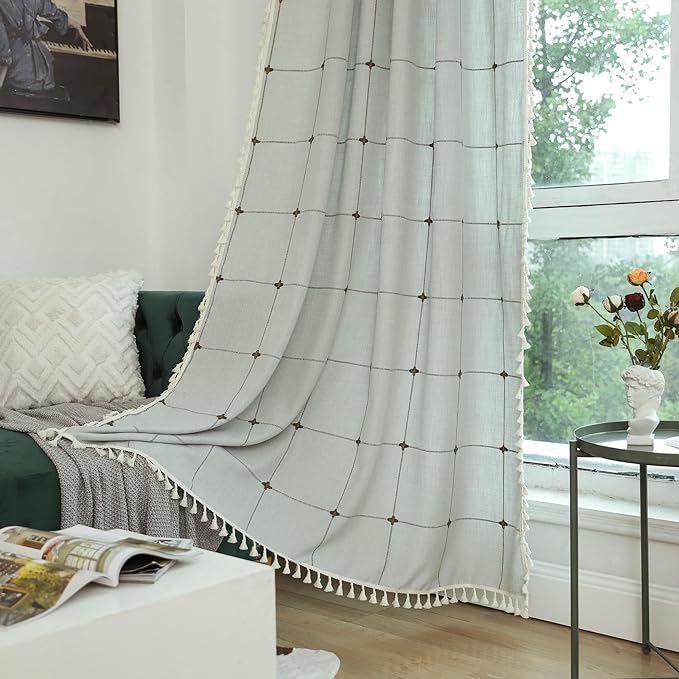 Sutuo Home Boho Curtains for Living Room Bedroom Office,Bohemian Drape Light Filtering Country Linen Vintage Chic Tassels Checkered Window Treatment for Decor 1 Panel 52" W x 96" L, Cream Grey Plaids