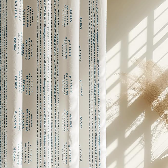 100% Boho Blackout Curtains 72 Inches Long for Bedroom, Blue on Beige Patterned Bohemian Curtains for Living Room, Geometric Striped Thermal Insulated Window Drapes Gromment Top 2 Panels